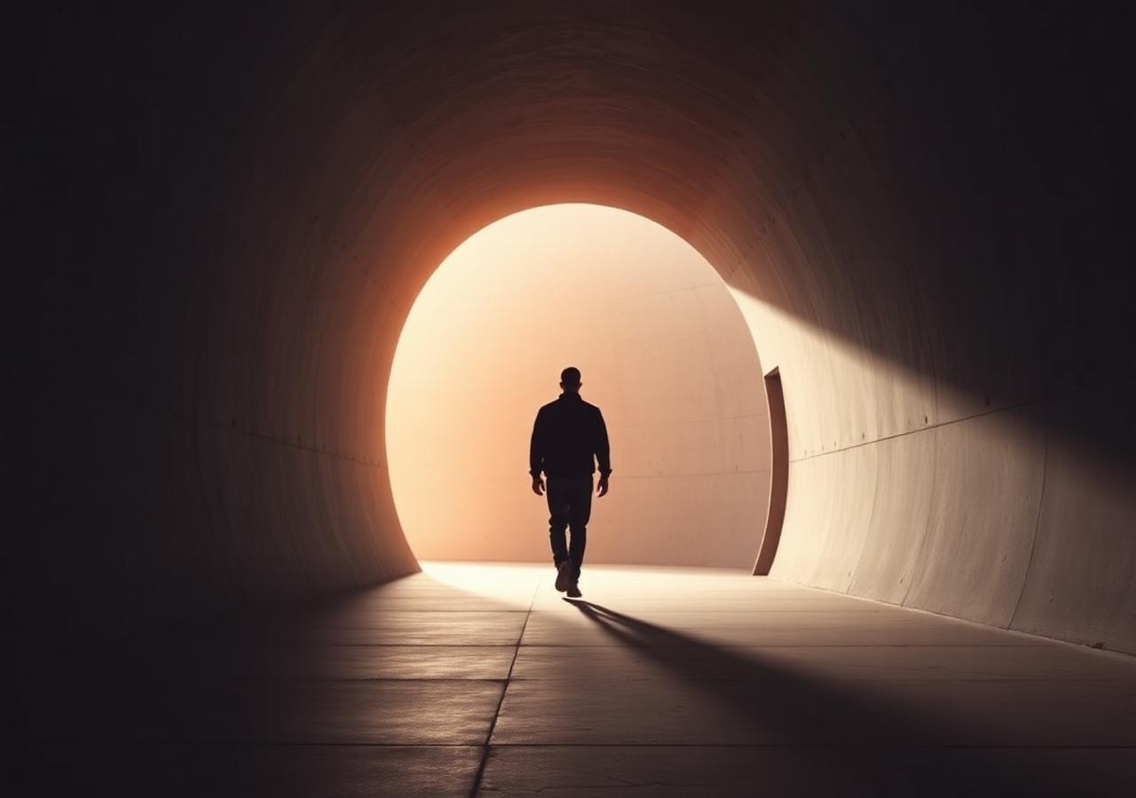 Concrete architectural passage opening onto light