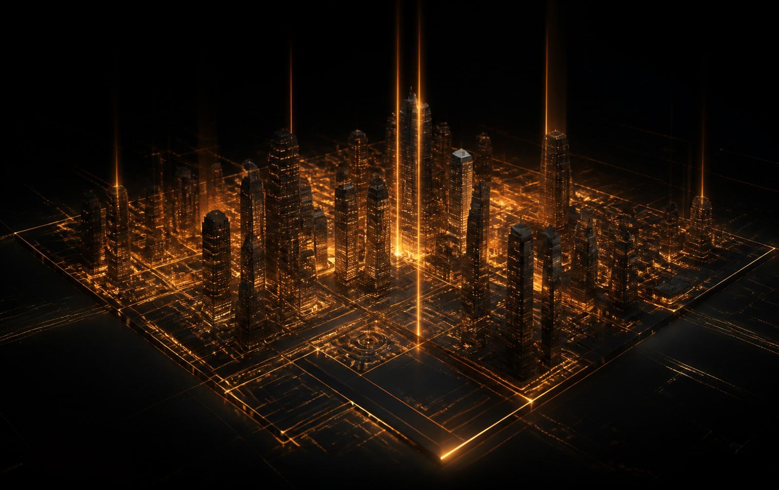 Illuminated enterprise district at night representing intelligent business infrastructure